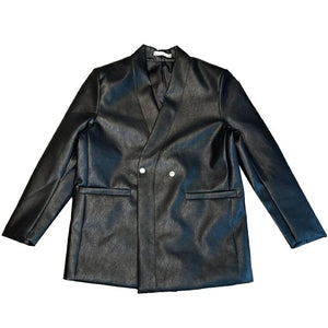 Shoulder Pad PU Leather Collarless Blazer