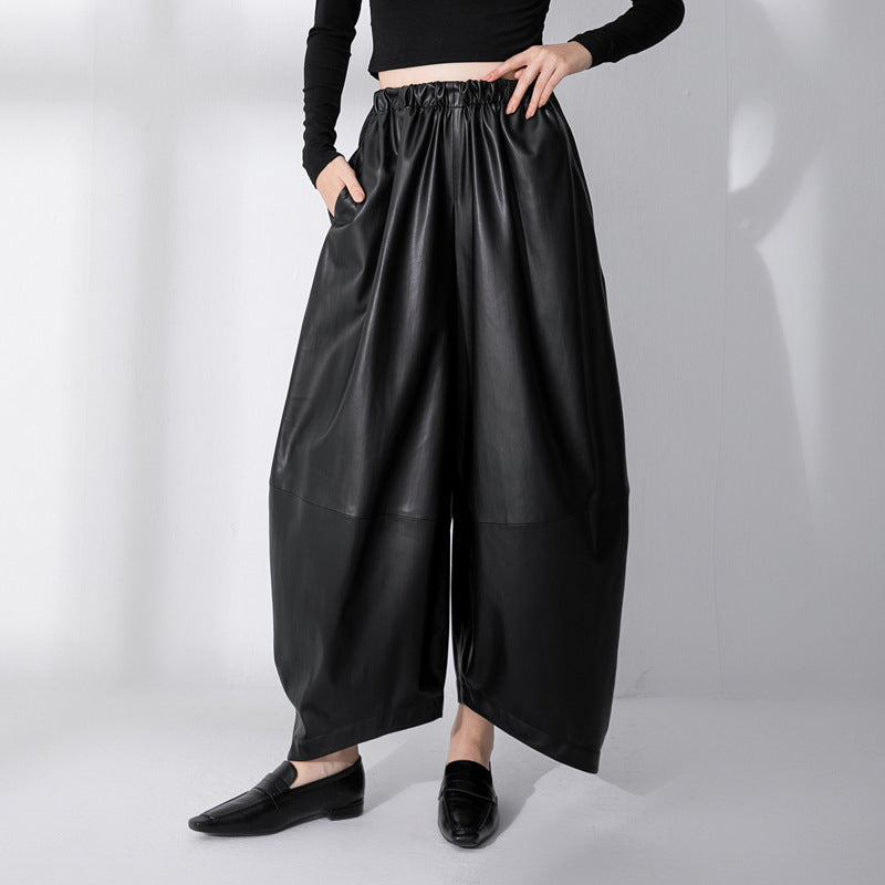 PU Leather High Waist Thin Fleece Loose Pants