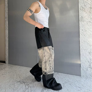 Denim and Leather Straight-leg Wide-leg Pants