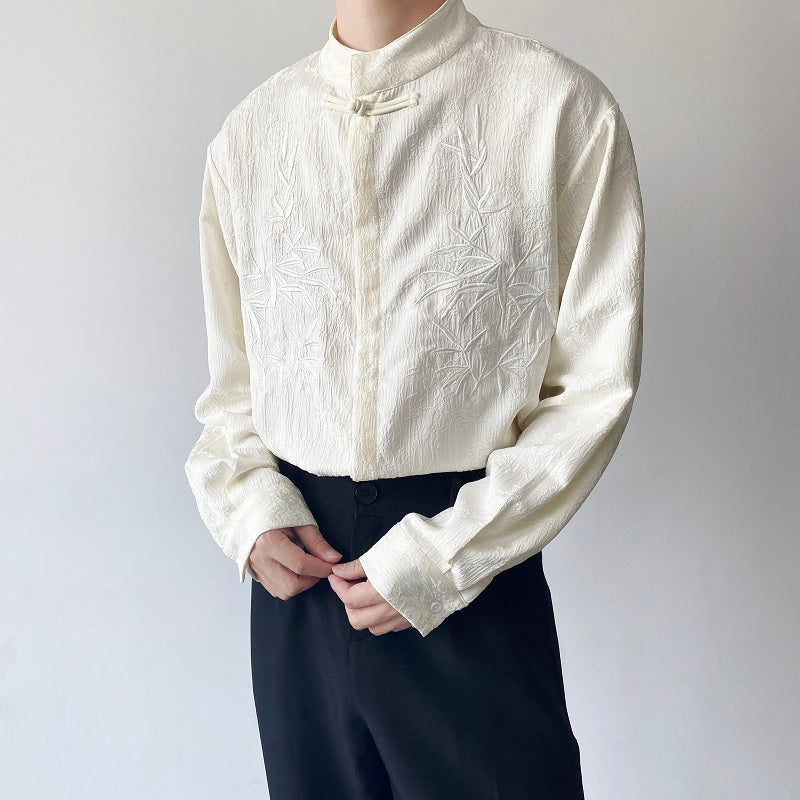 Embroidered Jacquard Stand Collar Button Up Long Sleeve Shirt