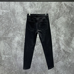 Casual Permed Ripped Black Stretch Denim Pencil Pants