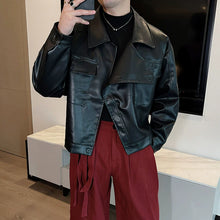 Load image into Gallery viewer, Cropped Slash-collar Leather Jacket
