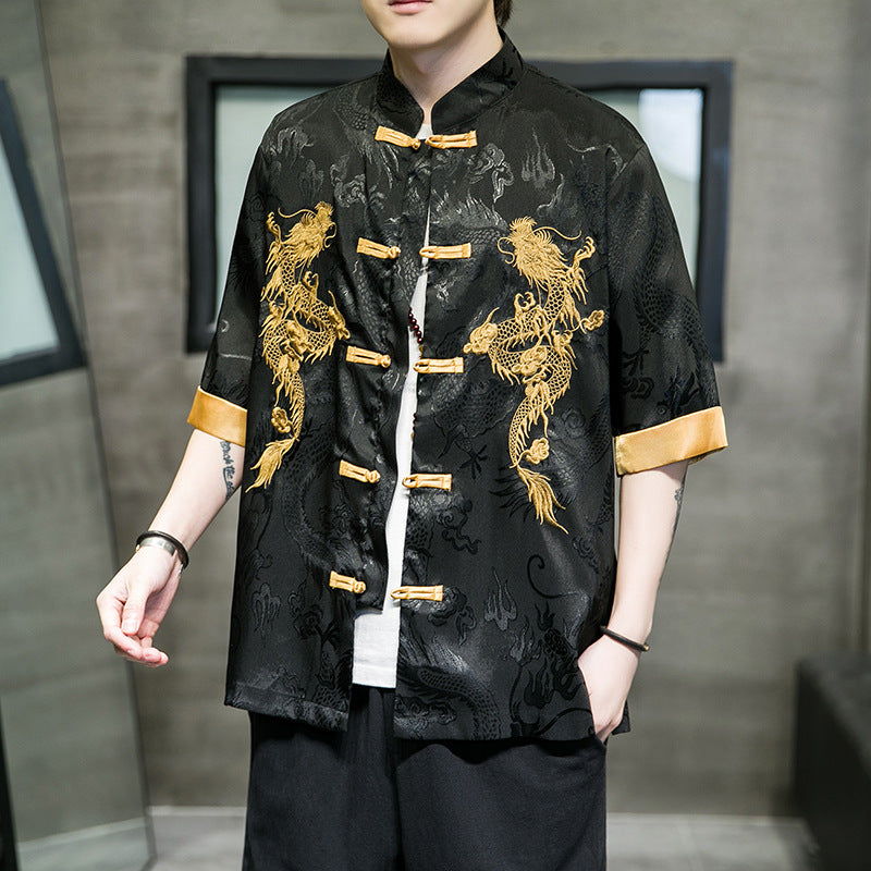 Dragon Pattern Embroidery Buttoned Three-quarter Sleeve Shirt