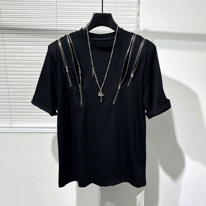 Irregular Zipper Patchwork Slit T-shirt