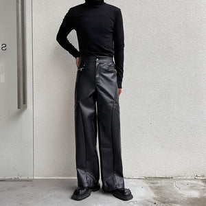 PU Leather Straight Wide-leg Casual Pants