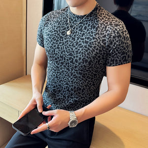 Leopard Print Slim Fit Half Turtleneck T-shirt