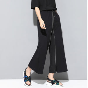 Black Zippered Wide-leg Ninth Pants