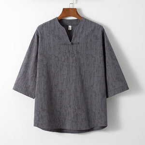 Cotton Linen Buckle Tang Suit Short-sleeved T-shirt