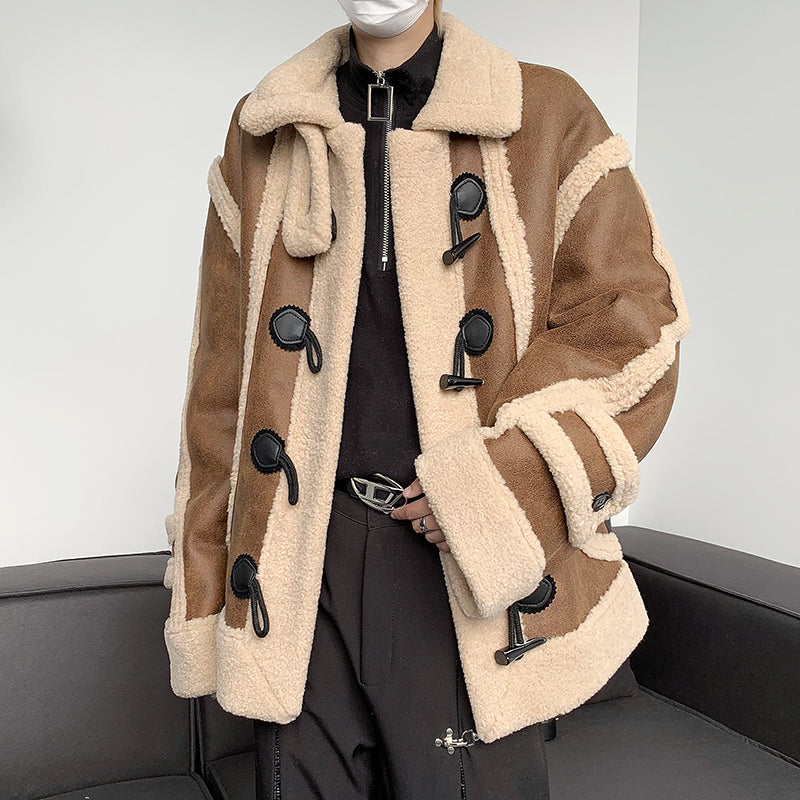 Retro Stand Collar Horn Button Sherpa Jacket