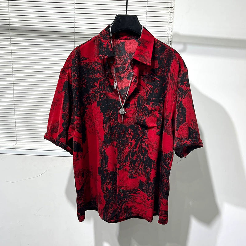 Irregular Printed Loose Red Shirt
