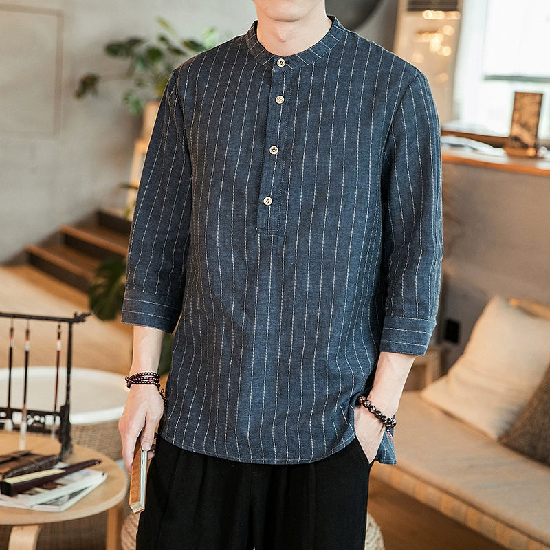 Striped Cotton And Linen Three-quarter Sleeve Shirt