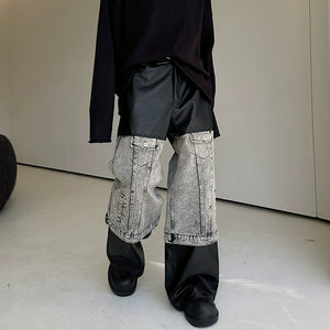 Denim and Leather Straight-leg Wide-leg Pants