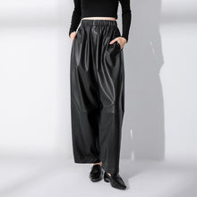 Load image into Gallery viewer, Simple Black Matte Loose Spliced PU Leather Casual Pants
