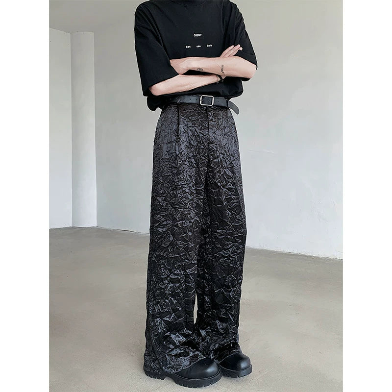 Pleated Shiny Straight Wide-leg Pants