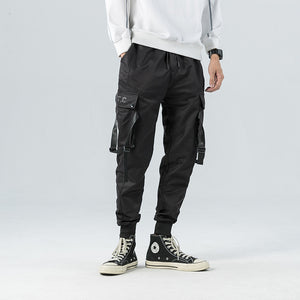 Black Slim-fit Multi-pocket Casual Pants