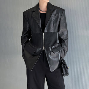 Deconstructed Pu Leather Patchwork Blazer