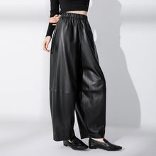 Load image into Gallery viewer, Simple Black Matte Loose Spliced PU Leather Casual Pants
