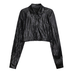 Pleated Shoulder Pad PU Leather Shirt