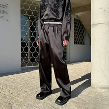 Load image into Gallery viewer, Pearl and Rhinestone Waistband Satin Straight-leg Trousers
