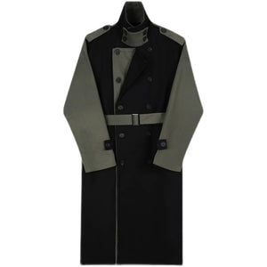 Retro Contrast Patchwork Lapel Long Trench Coat