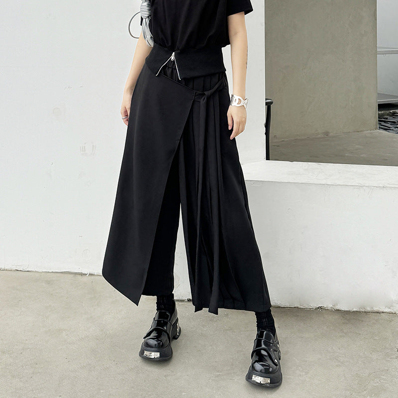 Irregular Pleated Ribbon Stitching Fake Two-piece Wide-leg Pants