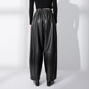 Simple Black Matte Loose Spliced PU Leather Casual Pants