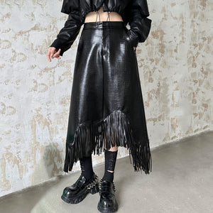 Asymmetrical Fringed Pu Leather Skirt