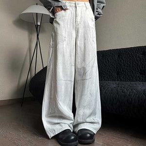 Distressed White Tie-Dye Denim Straight Trousers