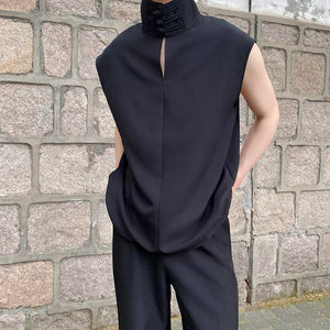 Pullover Buckle Hollow Stand Collar Sleeveless Shirt