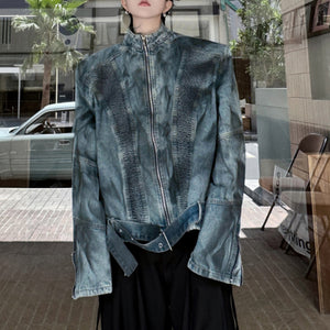 Pleated Spray-painted Stand-up Collar Jacket