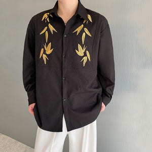 Maple Leaf Embroidered Vintage Lapel Long Sleeve Shirt