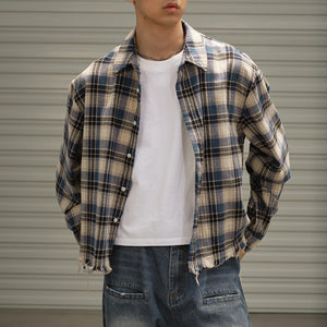 Raw Edge Cropped Loose Check Shirt