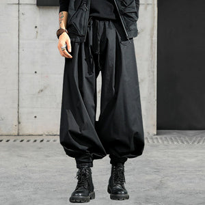 Black Pleated Wide-leg Harem Pants