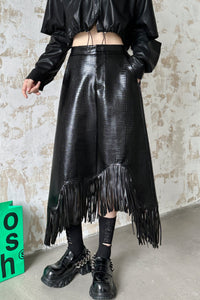 Asymmetrical Fringed Pu Leather Skirt