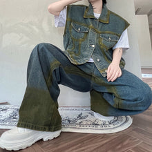 Load image into Gallery viewer, Contrast Color Sleeveless Denim Vest and Retro Wide-leg Trousers Two-piece Set
