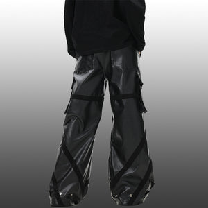 Vintage Multi-Pocket Shiny Leather Loose Wide-Leg Casual Pants