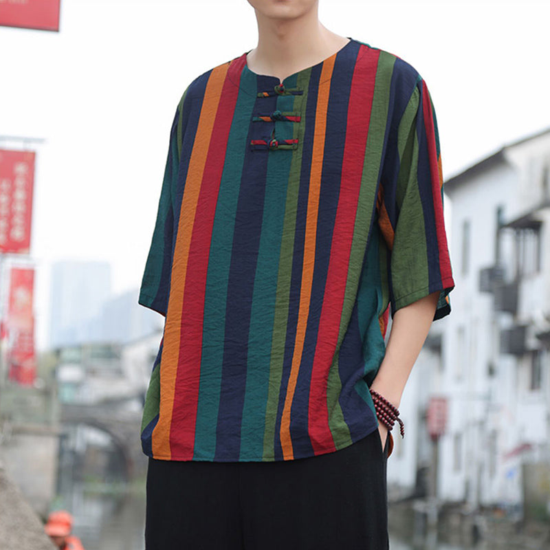 Button Colored Striped Patchwork T-shirt