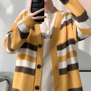 Retro Contrast Striped V-neck Drop Sleeve Sweater