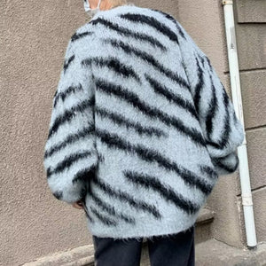 Zebra Print Thick Mink Fleece Knitted Sweater