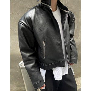 Wide Shoulder Double Zip Motorcycle Leather Jacket