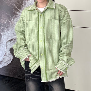 Fringe Frayed Striped Long-sleeve Shirt Jacket