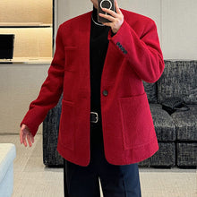 Load image into Gallery viewer, Retro Red Collarless Woolen Thickened Suit Jacket
