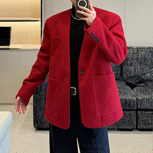 Retro Red Collarless Woolen Thickened Suit Jacket