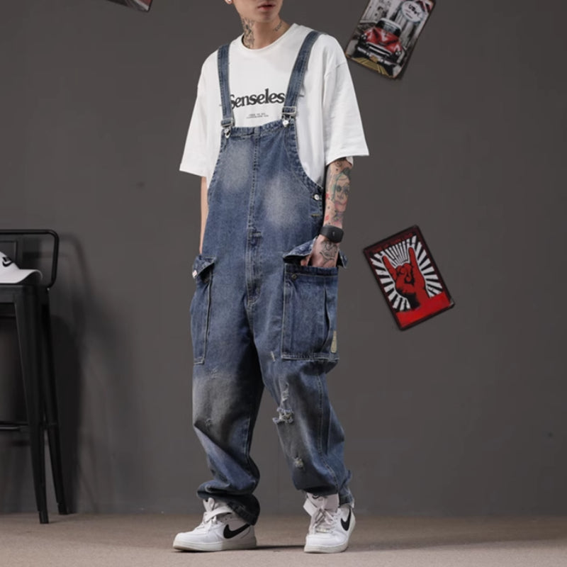 Retro Straight Loose Workwear Denim Overalls