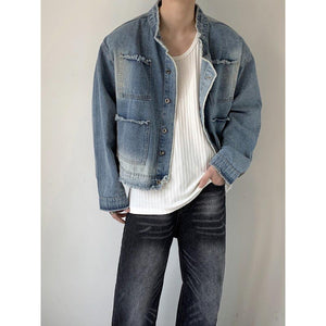 Raw Edge Ombre Shoulder Pads Cropped Denim Jacket