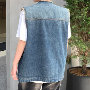 Vintage Wash Frayed Reversible Denim Vest