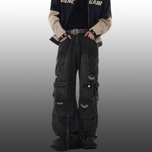 Ripped Denim Loose Straight-leg Multi-pocket Trousers