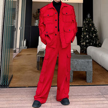 Load image into Gallery viewer, Red Suit Multi-pocket Jacket Wide-leg Trousers Two-piece Set
