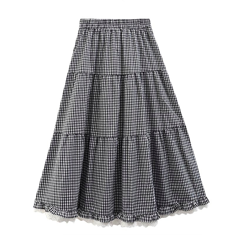 Wood Ear Stitching Lace Plaid Skirt