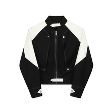 Load image into Gallery viewer, Black and White Contrast Structured Stand Collar Cropped Jacket
